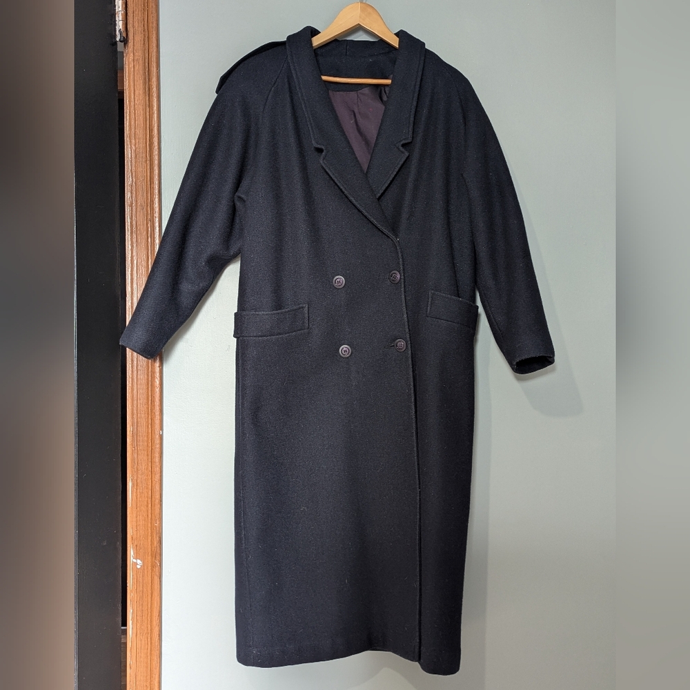 Vintage Balimel Montreal Wool Blend Classic Black Double Breasted Trench Coat